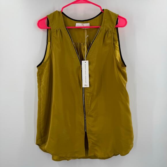 Amanda Uprichard Blouse Large NWT Mustard 100% Silk Zip Sleeveless Chartreuse - Picture 9 of 9